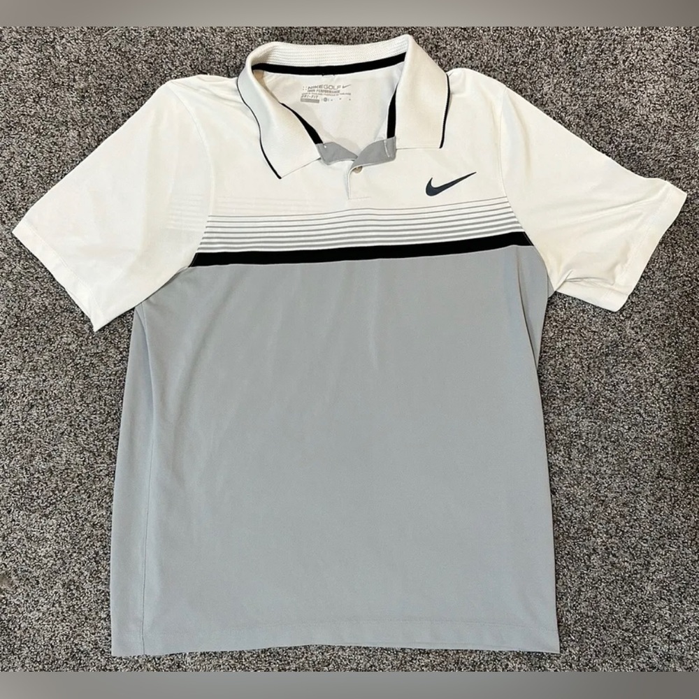 Nike Golf Tour Performance Polo Shirt Dri-Fit Size Medium Swoosh Gray & White